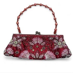 Vintage Floral Beaded Clutch in Red